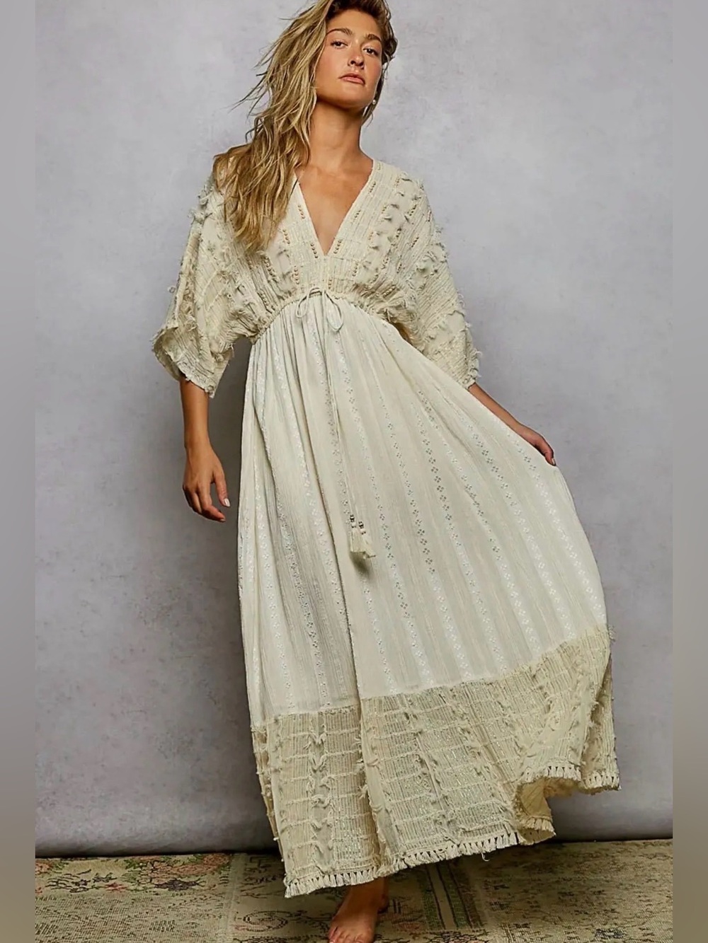 POL Cream Boho Maxi Dress Beaded with Textured Knit Accents